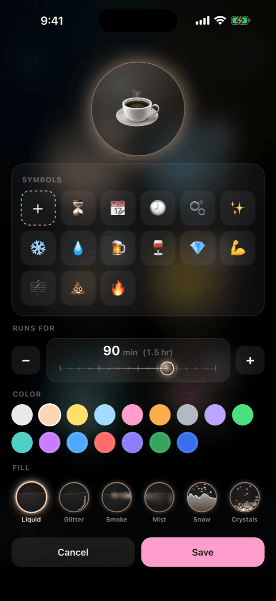 The bubble editor with the duration slider, colours and fills
